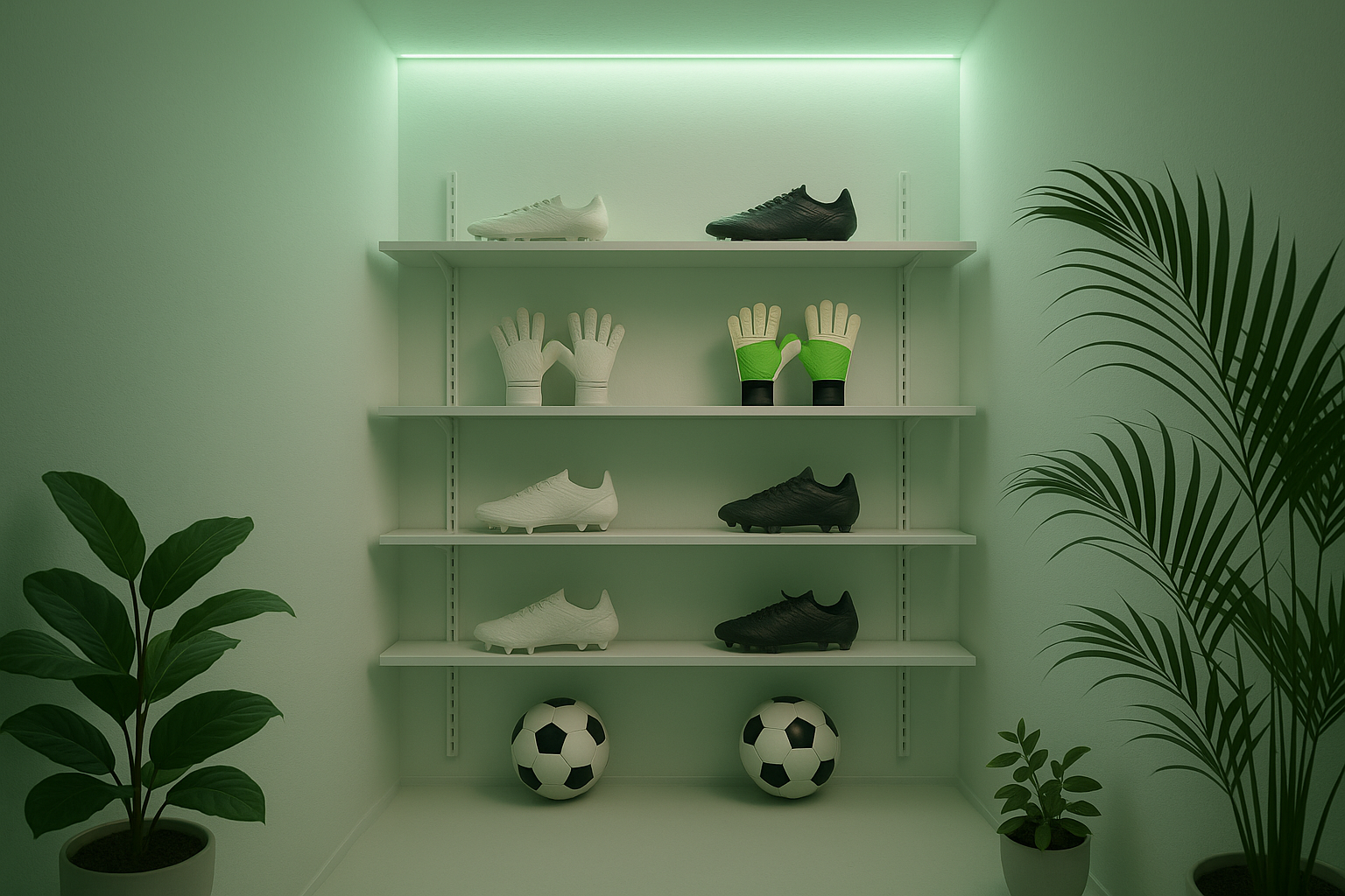 haz una imagen een formto vertical con una estanteria con columnas variando zapatos de futbol gauntes de arquero balones, todo esto en una sala blanc con poca iluminacon y la iluminacion que sea con leds estilo verde que sea minimalista y con plantas un ambien relax verde