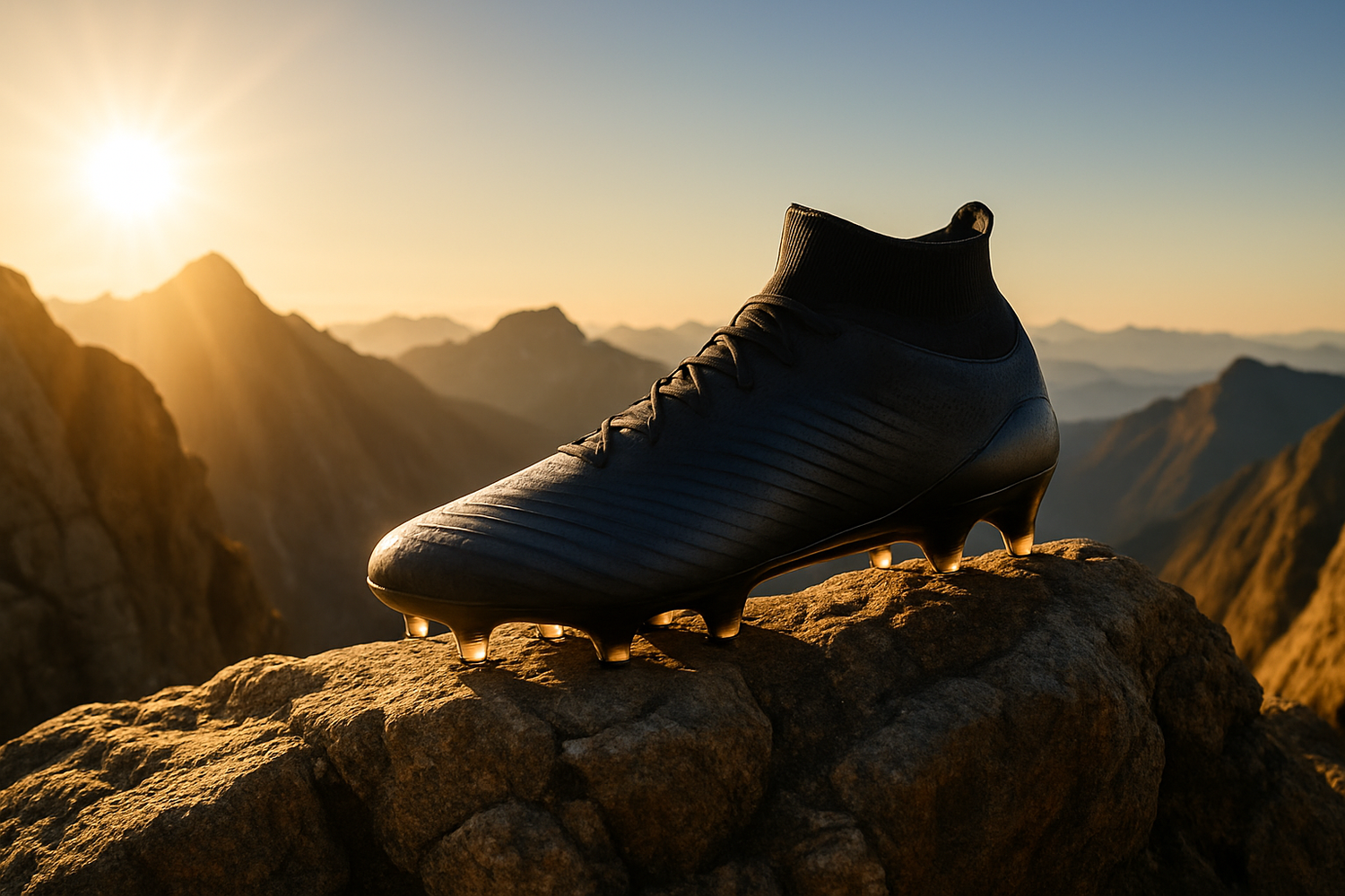 zapato de soccer en una montaña con la luz del sol
