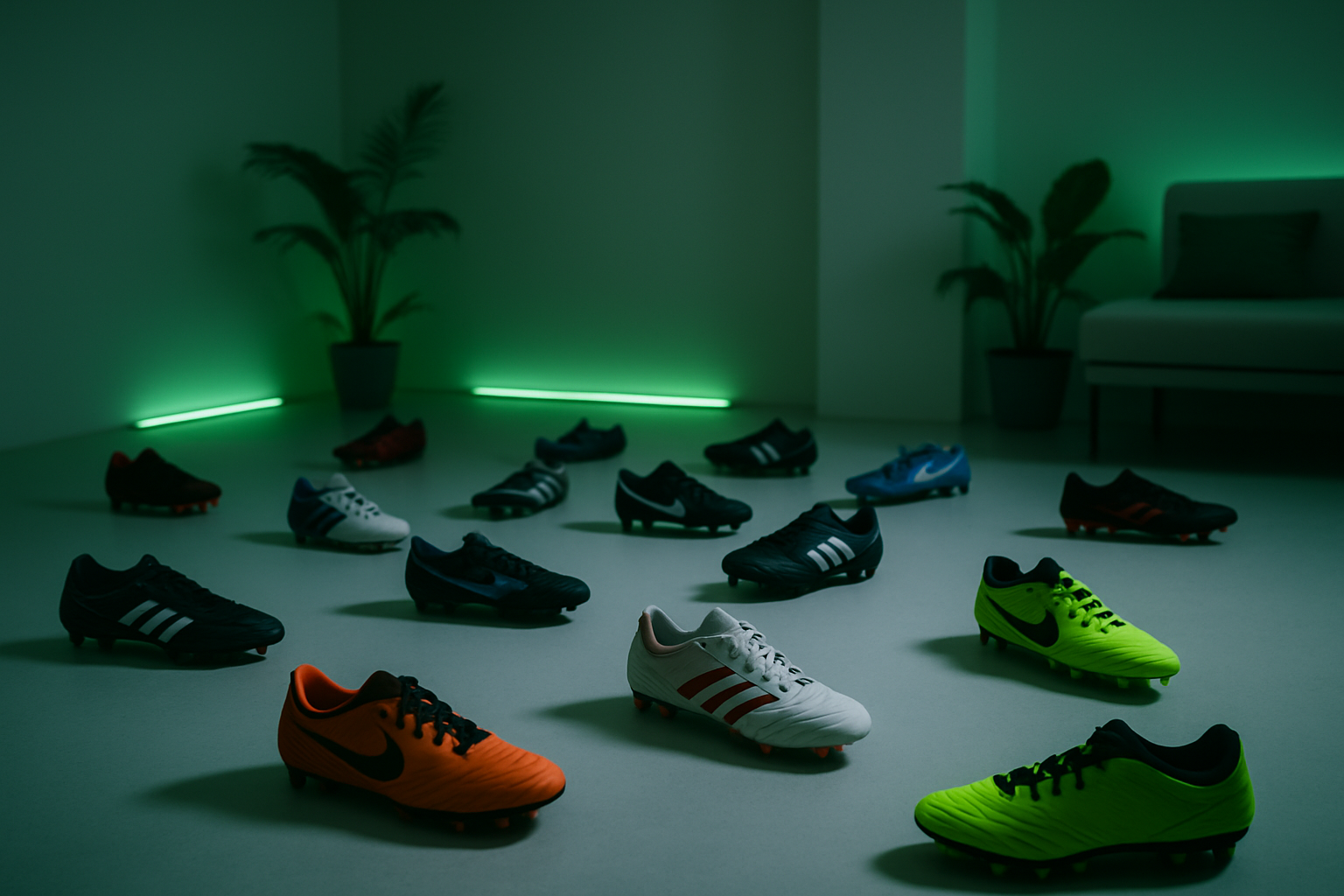 crea una imagne con zapatos de futbo regados en una sala blanca con poca iluminacion si puedes que la sala tenga areas verdes